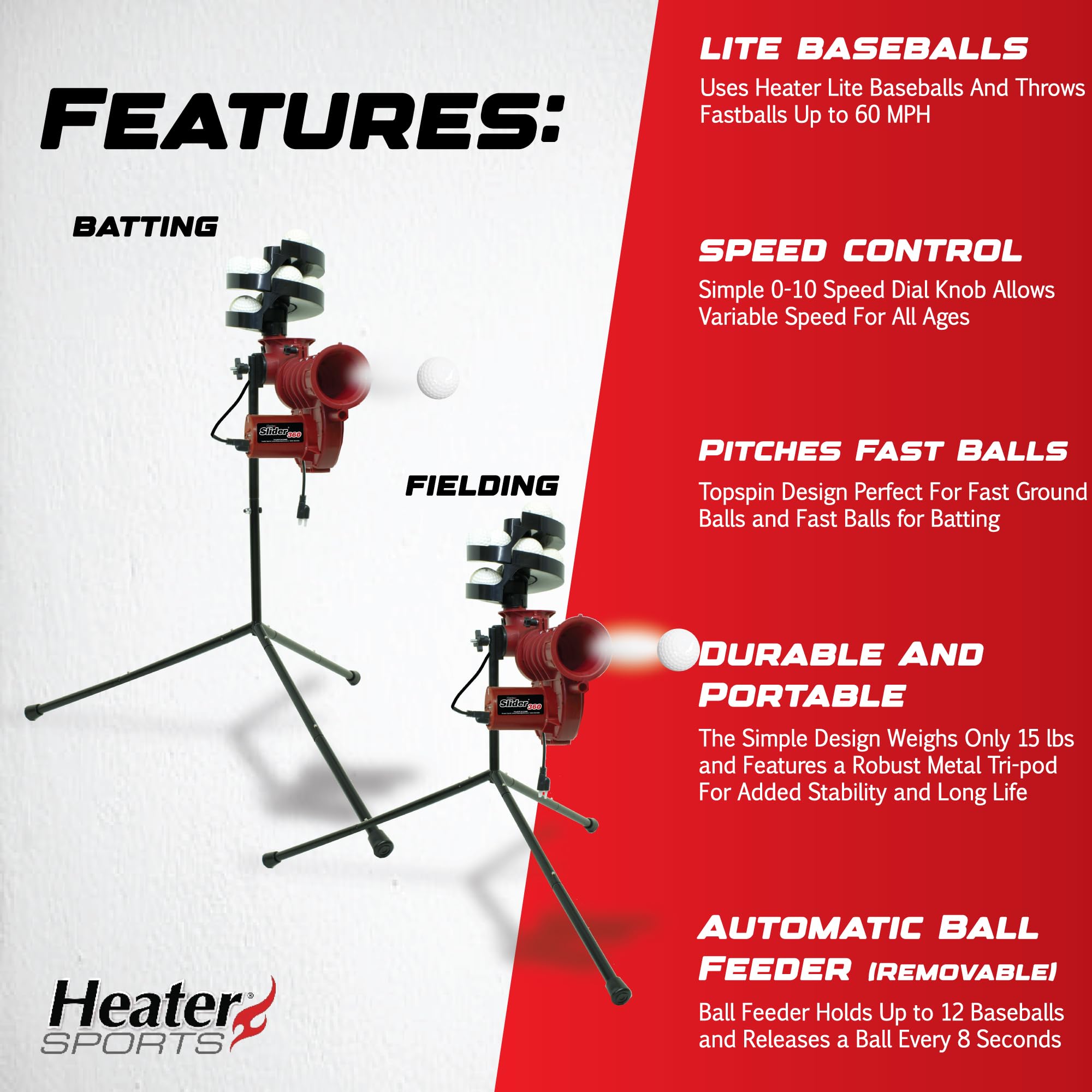 Slider Lite 360 Baseball Pitching Machine with Automatic Ball Feeder - Accurate 360-Degree Delivery, Durable and Portable Training Tool for All Ages