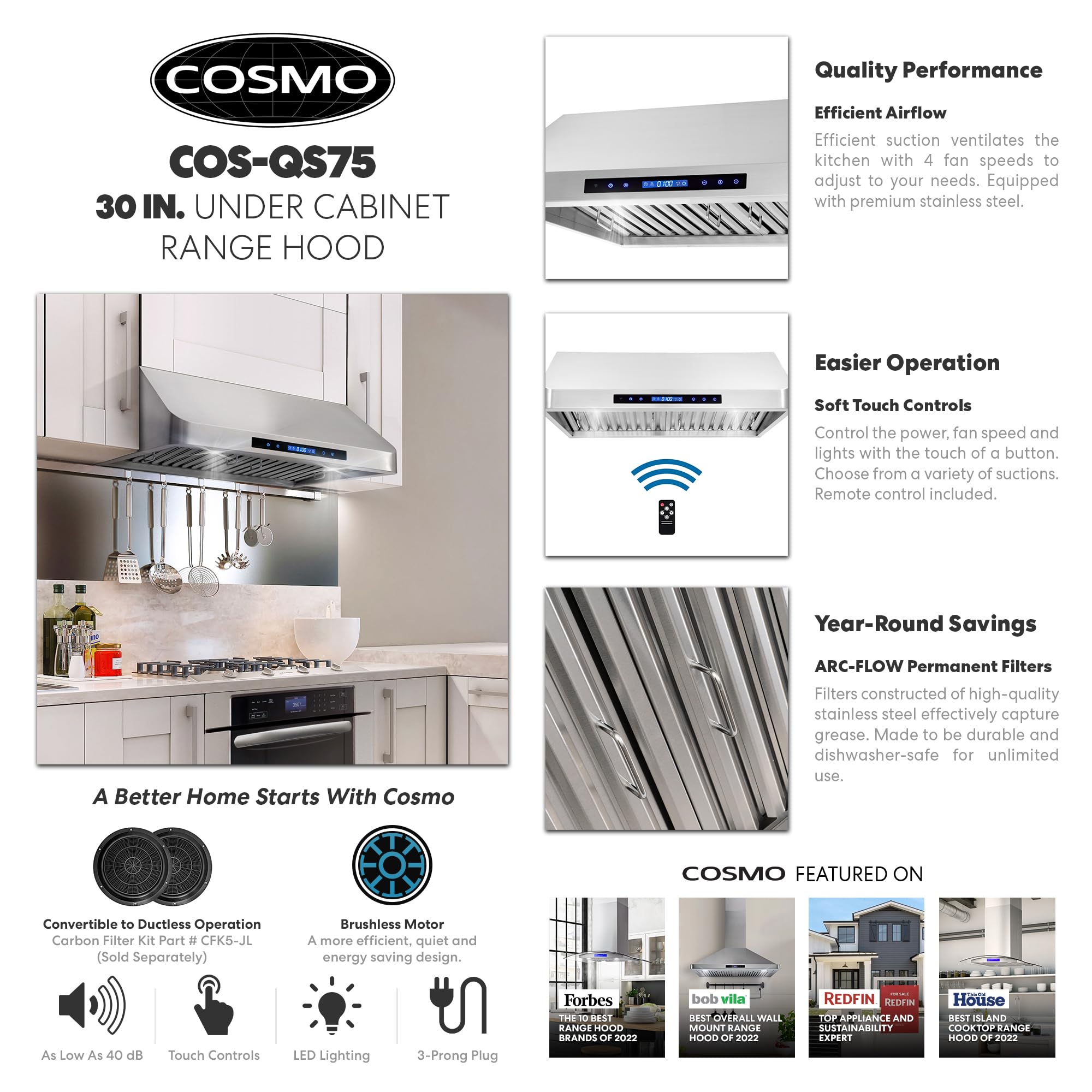 COS-QS75 30 in. Haven Collection 500 CFM Ducted Under Cabinet Range Hood, Touch Controls, LED Lights, Stainless Steel
