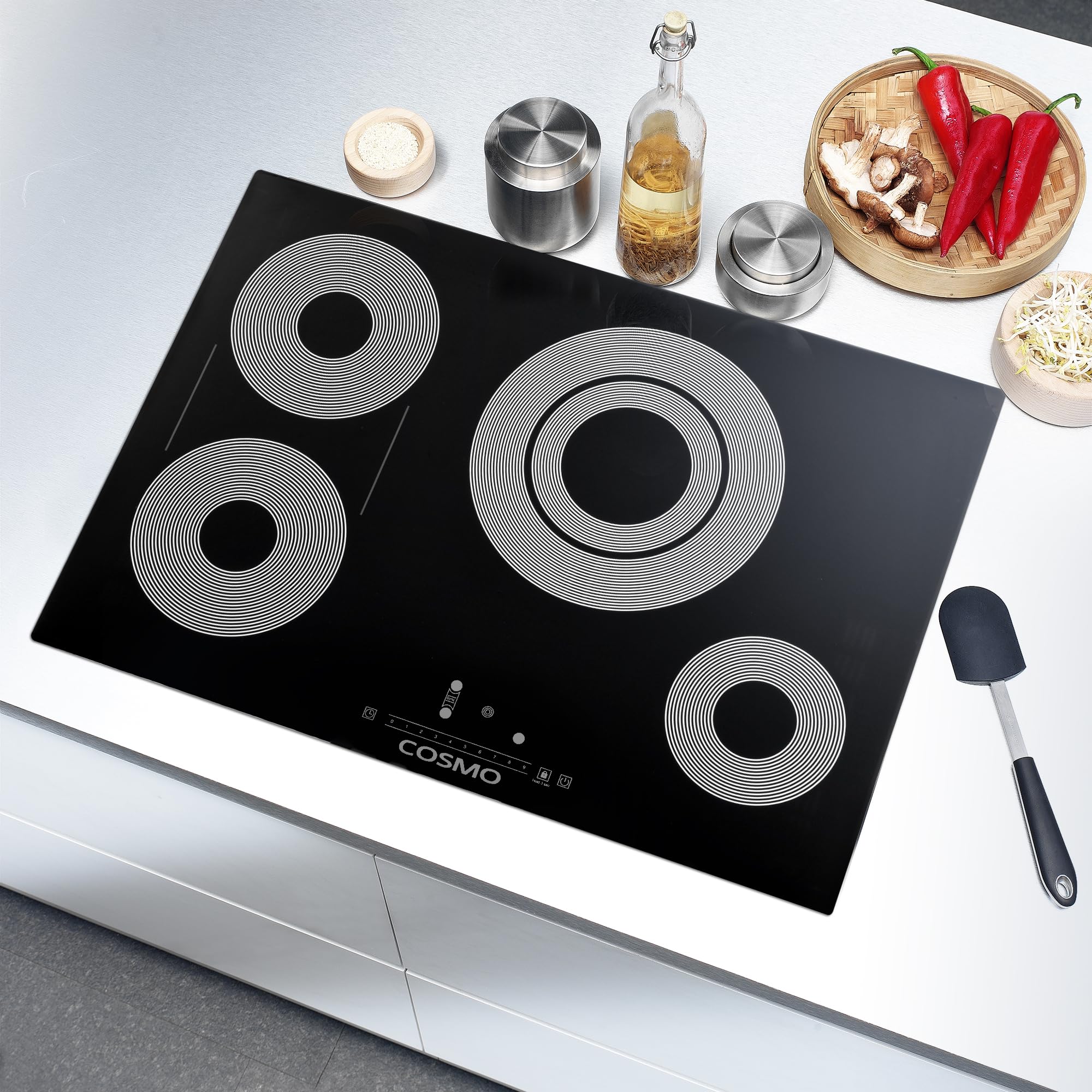 COS-304TBECC Electric Ceramic Glass Cooktop with 4 Burners, Dual Zone Element, Hot Surface Indicator Light and Touch Controls, 30 inch, Black