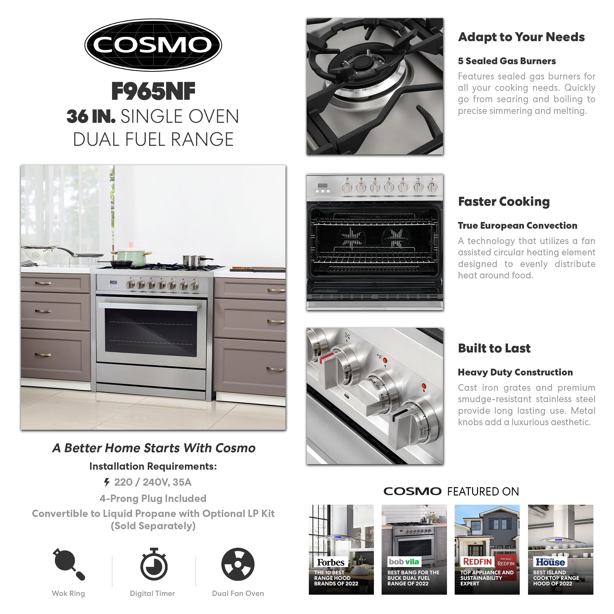 F965NF 36 in. Stellar Collection 3.8 cu. ft. Dual Fuel Range, 5 Sealed Burners, 8 Function Convection Oven in Stainless Steel