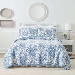 King 3-Pc Bed-in-a-Bag Blue White Floral Quilt Set