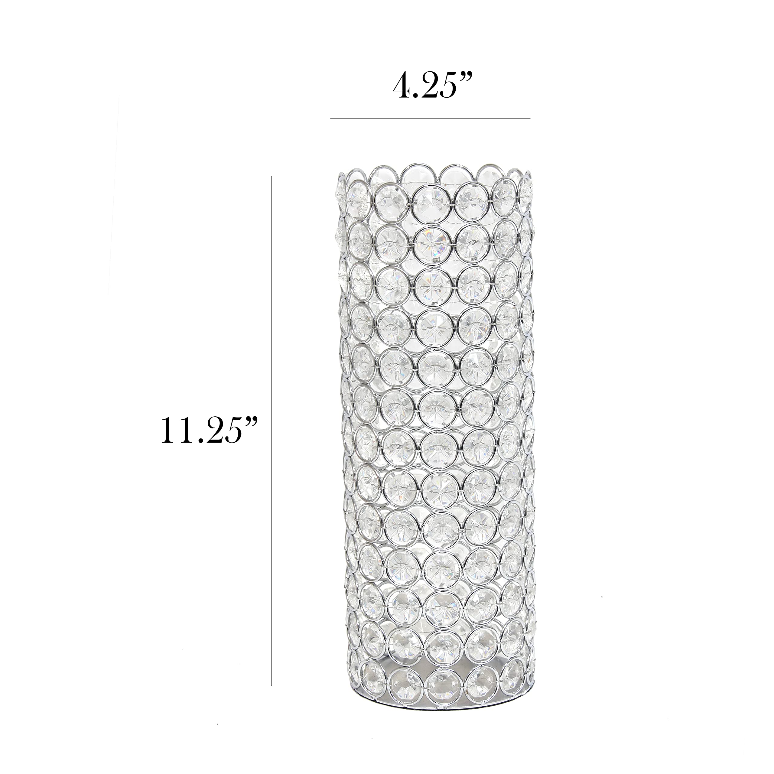 HG1009-CHR Elipse Cylindrical Crystal Decorative Flower Vase, Candle Holder, Wedding Centerpiece, 11.25 Inch, Chrome