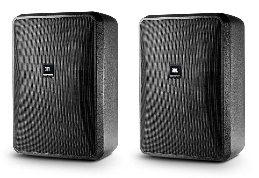 A pair of black JBL LSR305i speakers, highlighting their modern look and suitability for studio use.