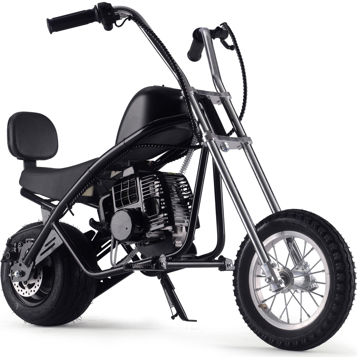 A compact motorcycle with a sleek black seat and black wheels, showcasing a modern design.