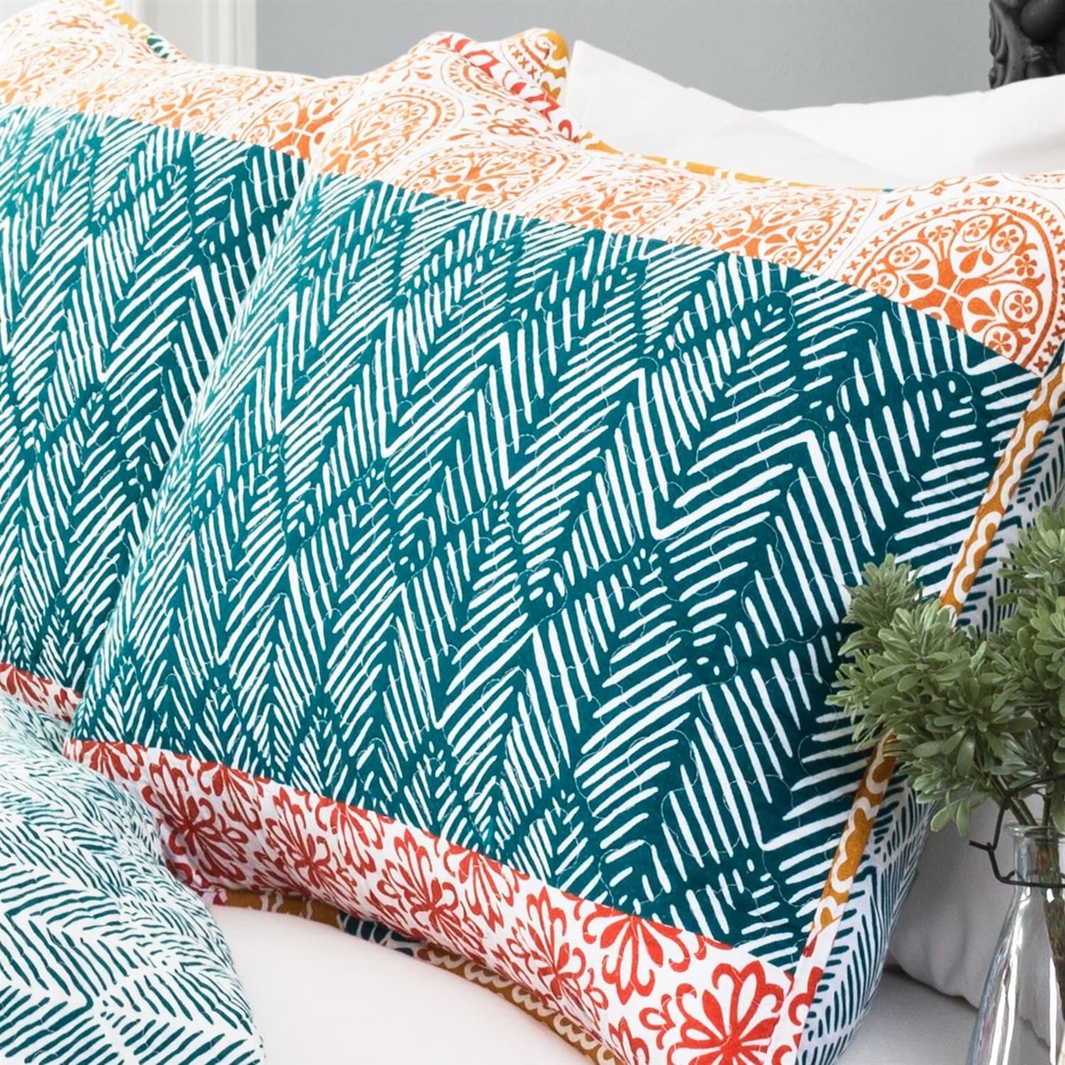 Full/Queen Cotton Teal Orange Bohemian Quilt Set