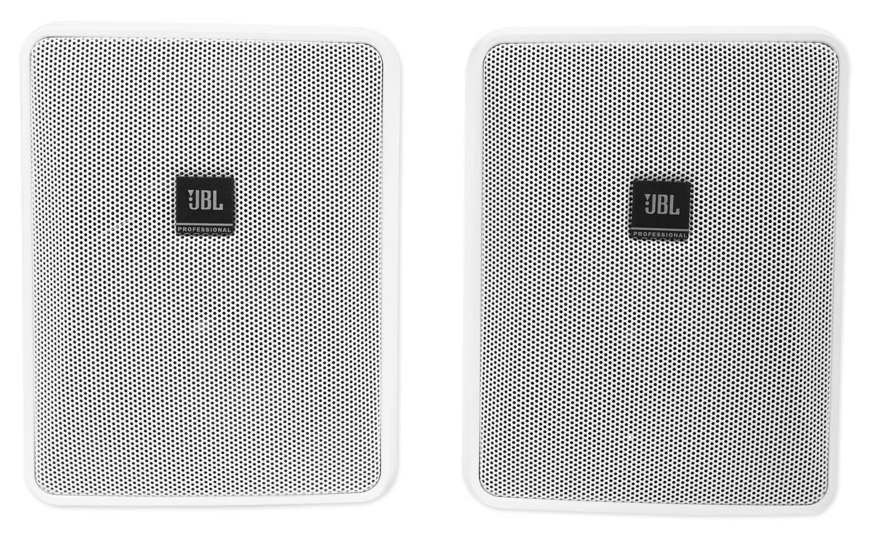 Pair of white JBL LSR305i-W 2-way speakers, featuring a modern design, ideal for studio or home audio setups.