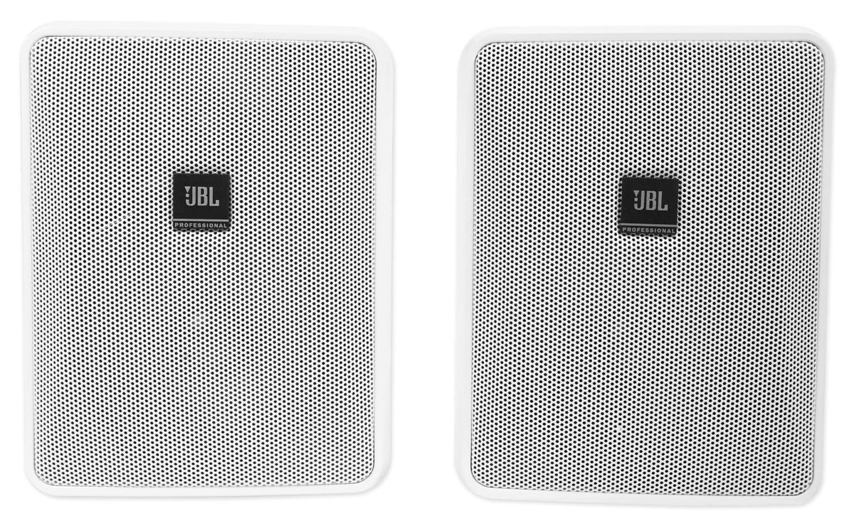 Pair of white JBL LSR305i-W 2-way speakers, featuring a modern design, ideal for studio or home audio setups.