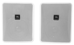 Pair of white JBL LSR305i-W 2-way speakers, featuring a modern design, ideal for studio or home audio setups.