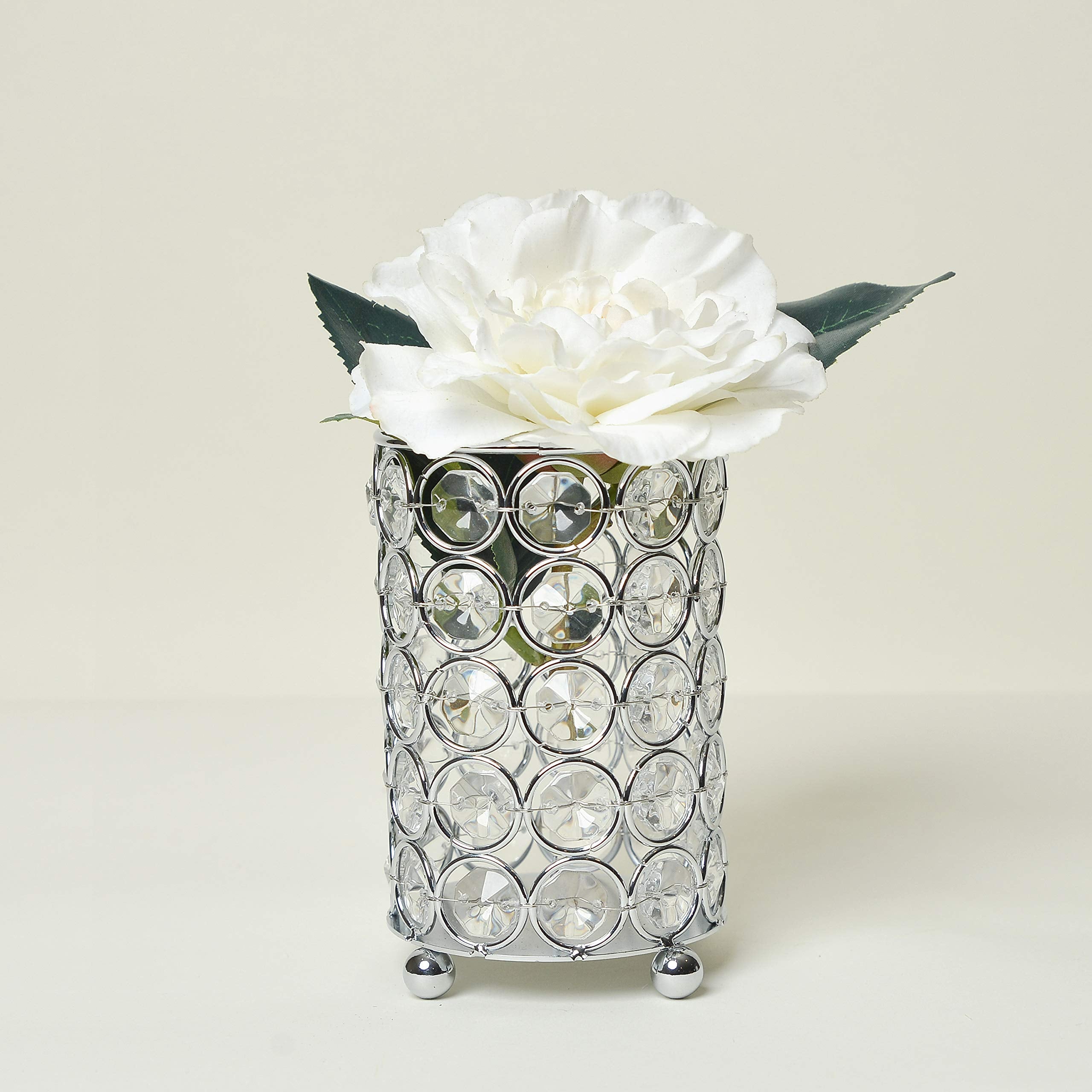 HG1001-CHR Elipse Crystal Decorative Flower Vase, Candle Holder, Wedding Centerpiece, Makeup Brush or Pen Organizer Cup, 5 Inch, Chrome