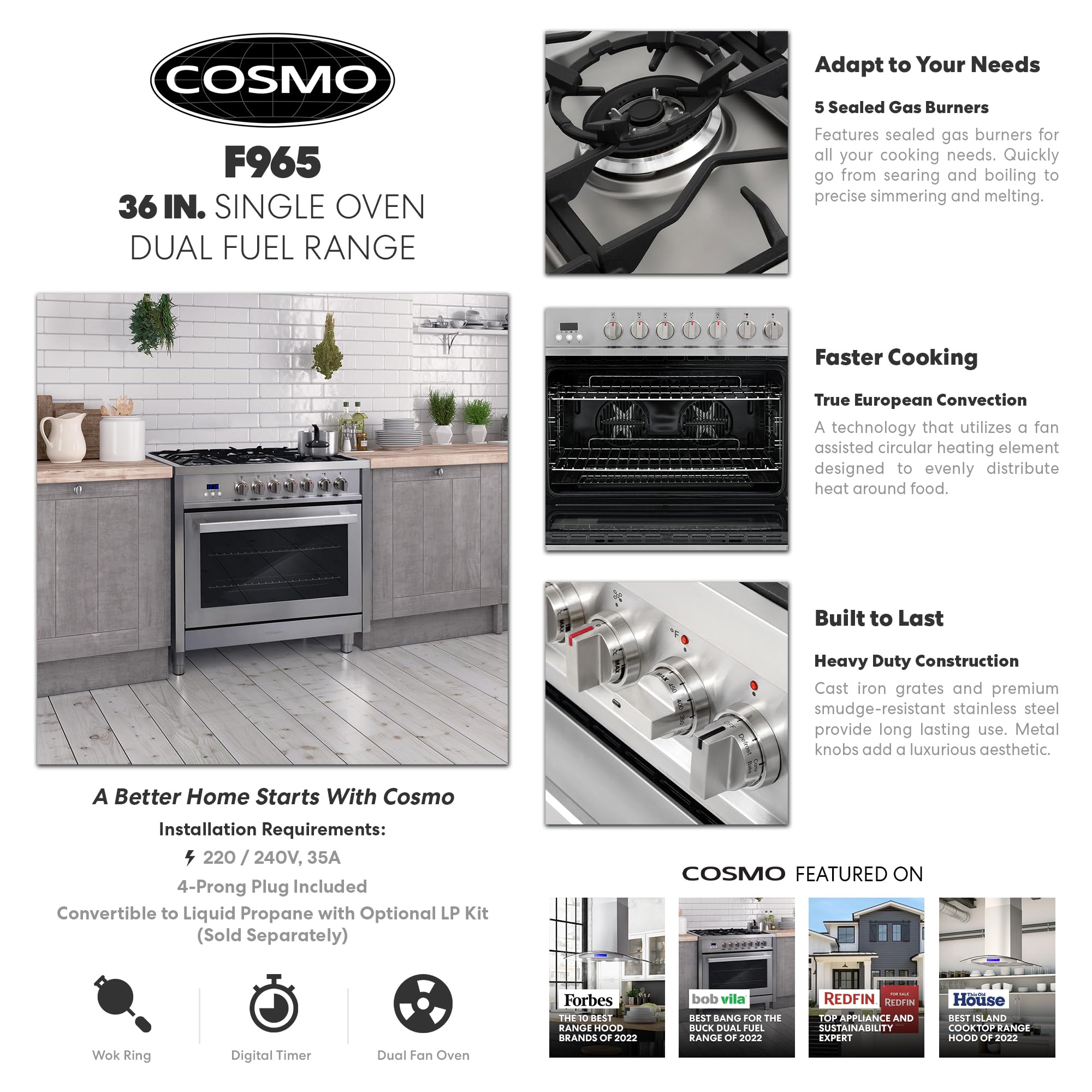 F965 36 in. Stellar Collection 3.8 cu. ft. Dual Fuel Range, 5 Sealed Burners, 8 Function Convection Oven in Stainless Steel