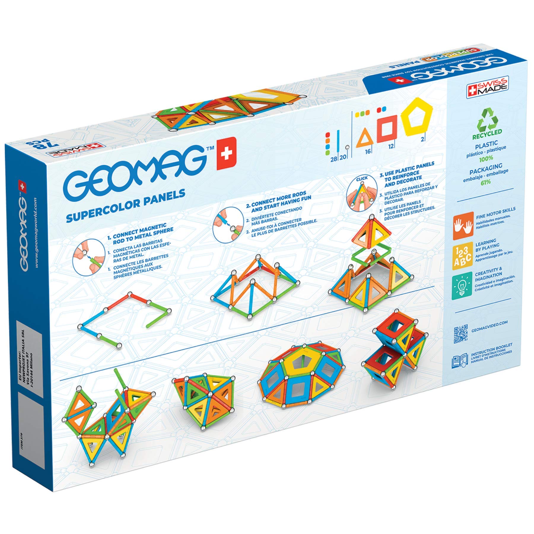 Magnetic Toys Supecolor Tiles 78-Piece Building Set for Kids Ages 5-99 | Swiss-Made STEM & STEAM Authenticated Educational Toy Made from 100% Recycled Plastic | Creative Learning Play