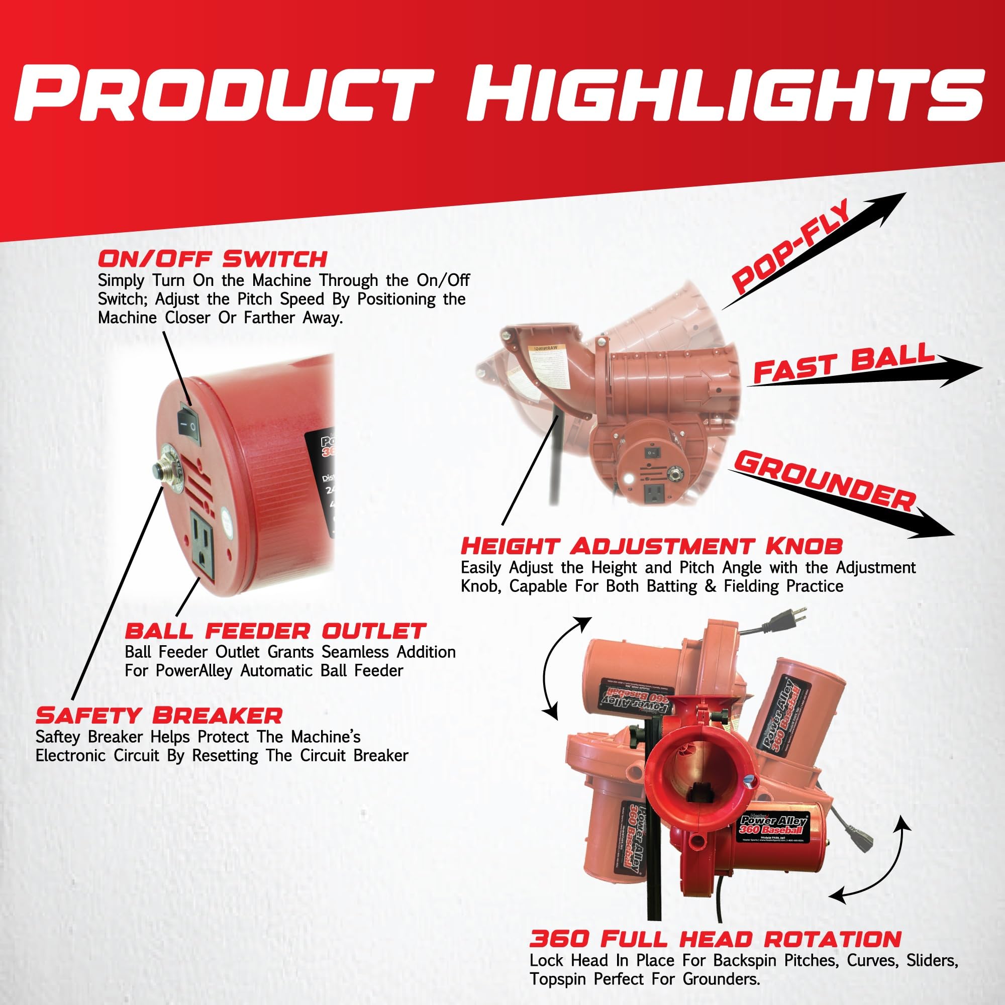 Power Alley Lite 360 Baseball Pitching Machine - Pitches Lite Balls 40-80 MPH Fastballs, Sliders, & Curves | Accurate, Durable, & Portable Training Tool for Batting & Field Practice