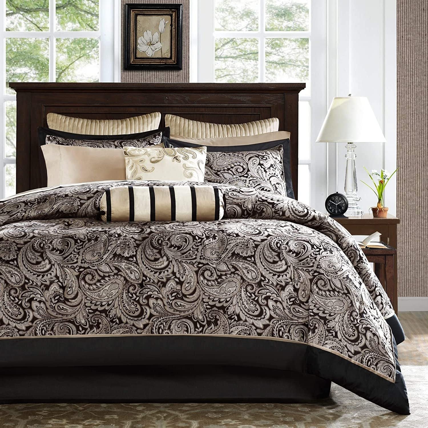 Fast Furnishings Queen 12-Pc Black Gold Paisley Comforter
