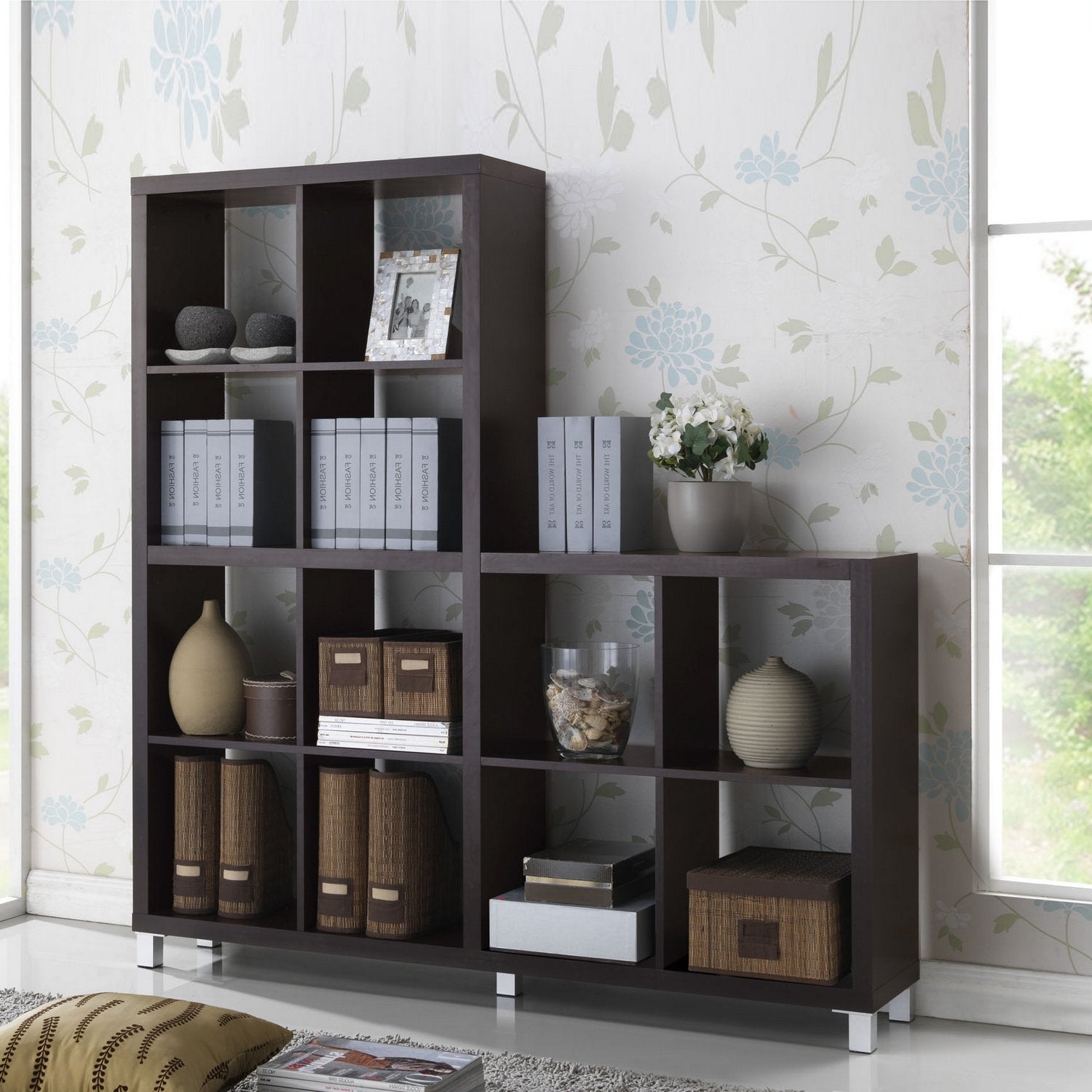 Sunna Modern Cube Shelving Unit, Dark Brown