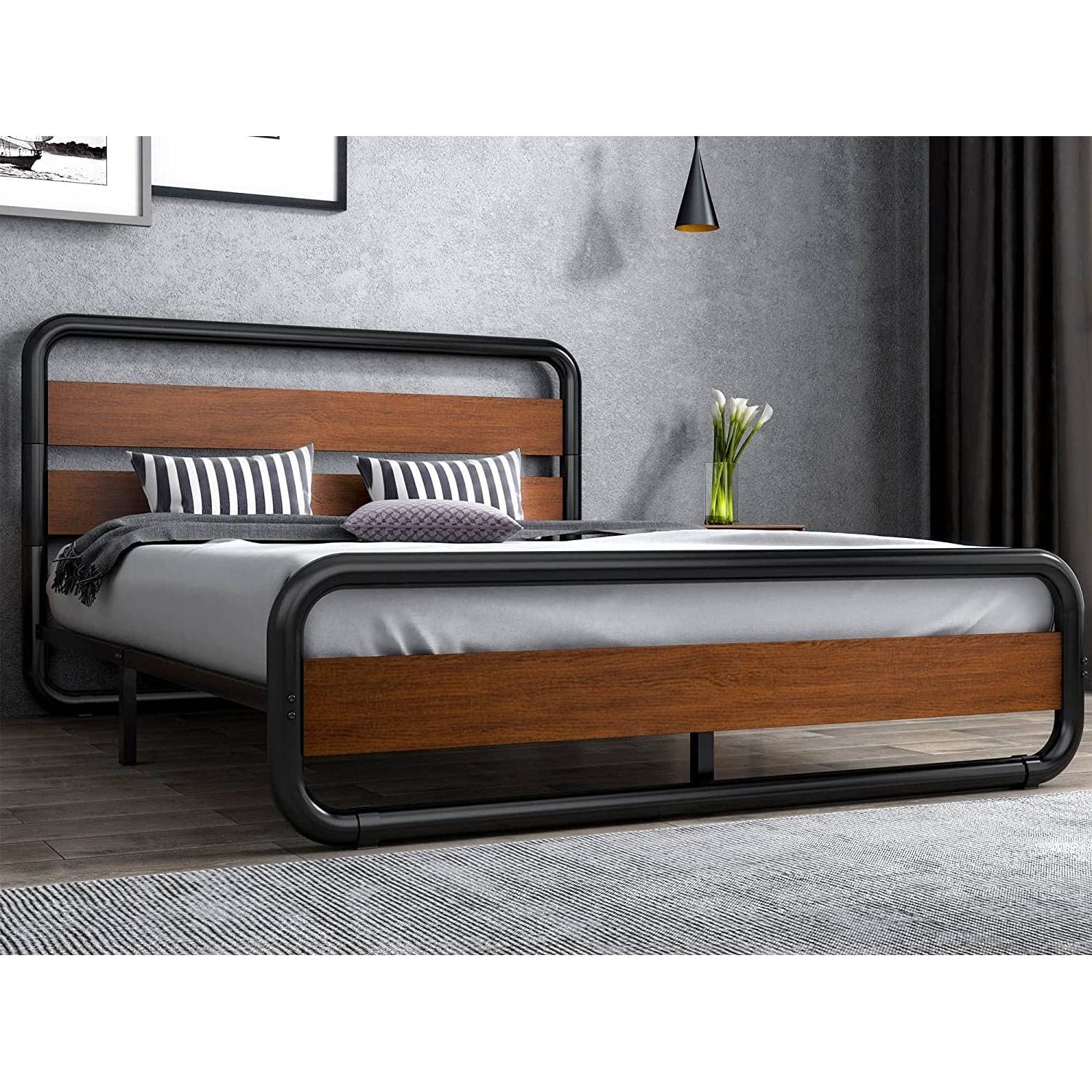 Fast Furnishings King Industrial Metal Wood Bed Frame