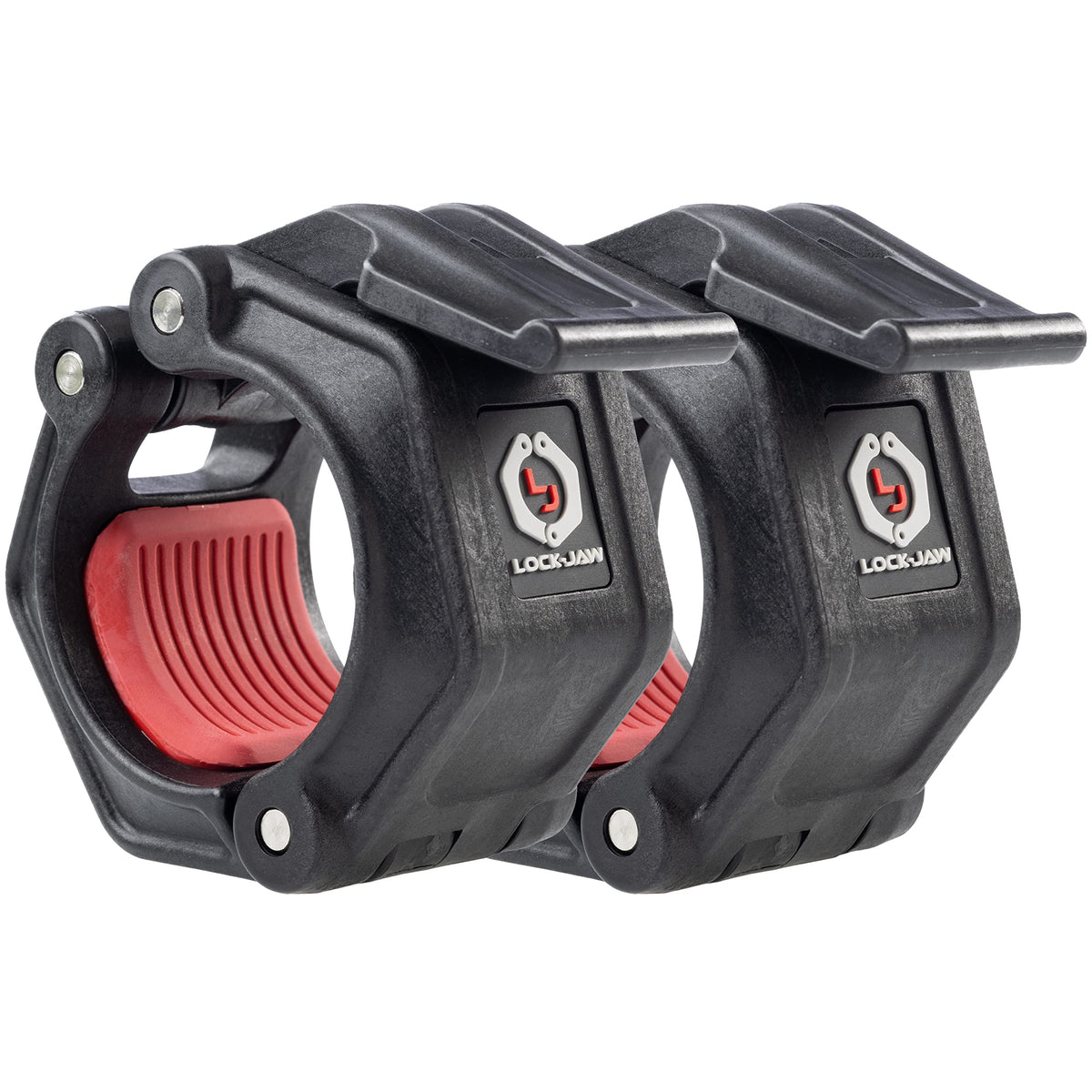 Two black and red clamps featuring a prominent red handle, positioned side by side on a neutral background.