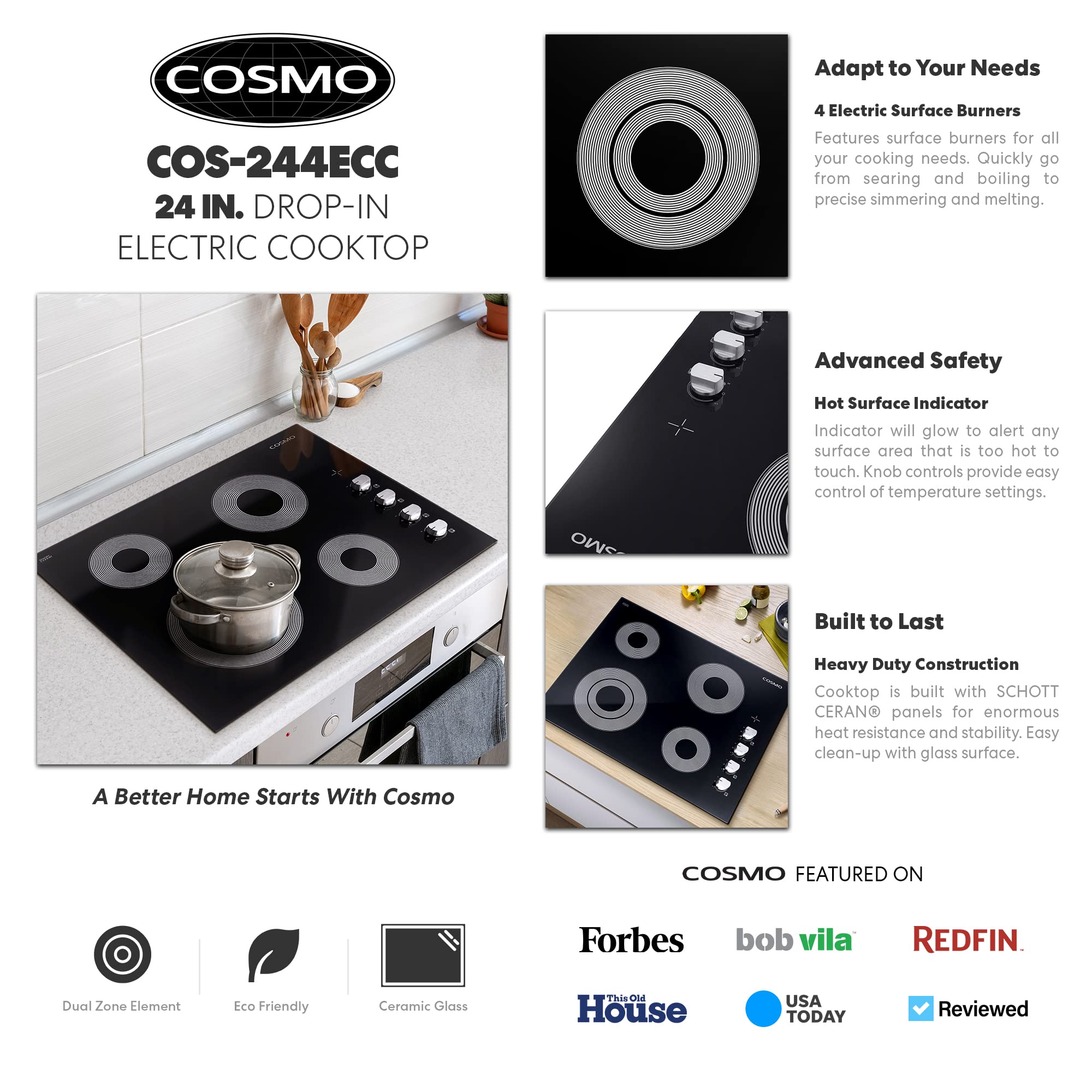 COS-244ECC 24 Inch Electric Ceramic Glass Cooktop with Burners, Dual Zone Element, Hot Surface Indicator Light and Control Knobs, Black (24 Inch)