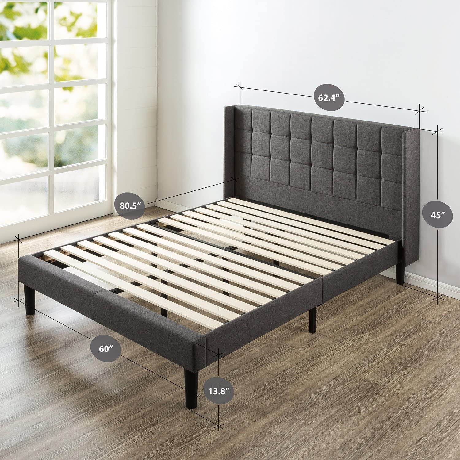 Queen Grey Wingback Upholstered Platform Bed