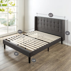 Queen Grey Wingback Upholstered Platform Bed