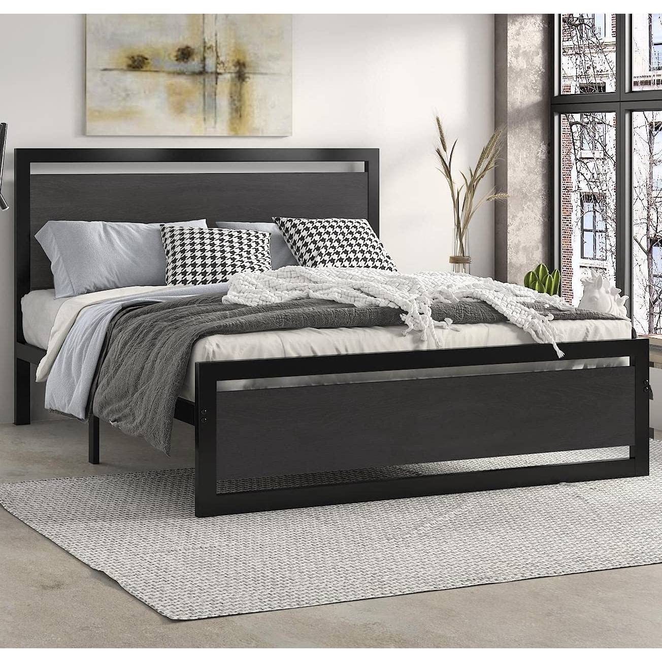 Full Black Metal Bed w/ Wood Headboard & Footboard