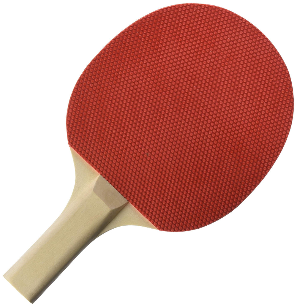 A table tennis paddle with a vibrant red surface, ready for a game of ping pong.