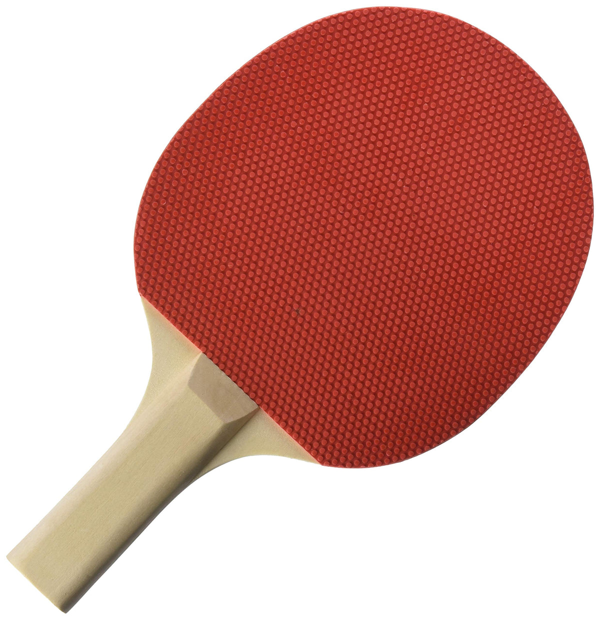 A table tennis paddle with a vibrant red surface, ready for a game of ping pong.