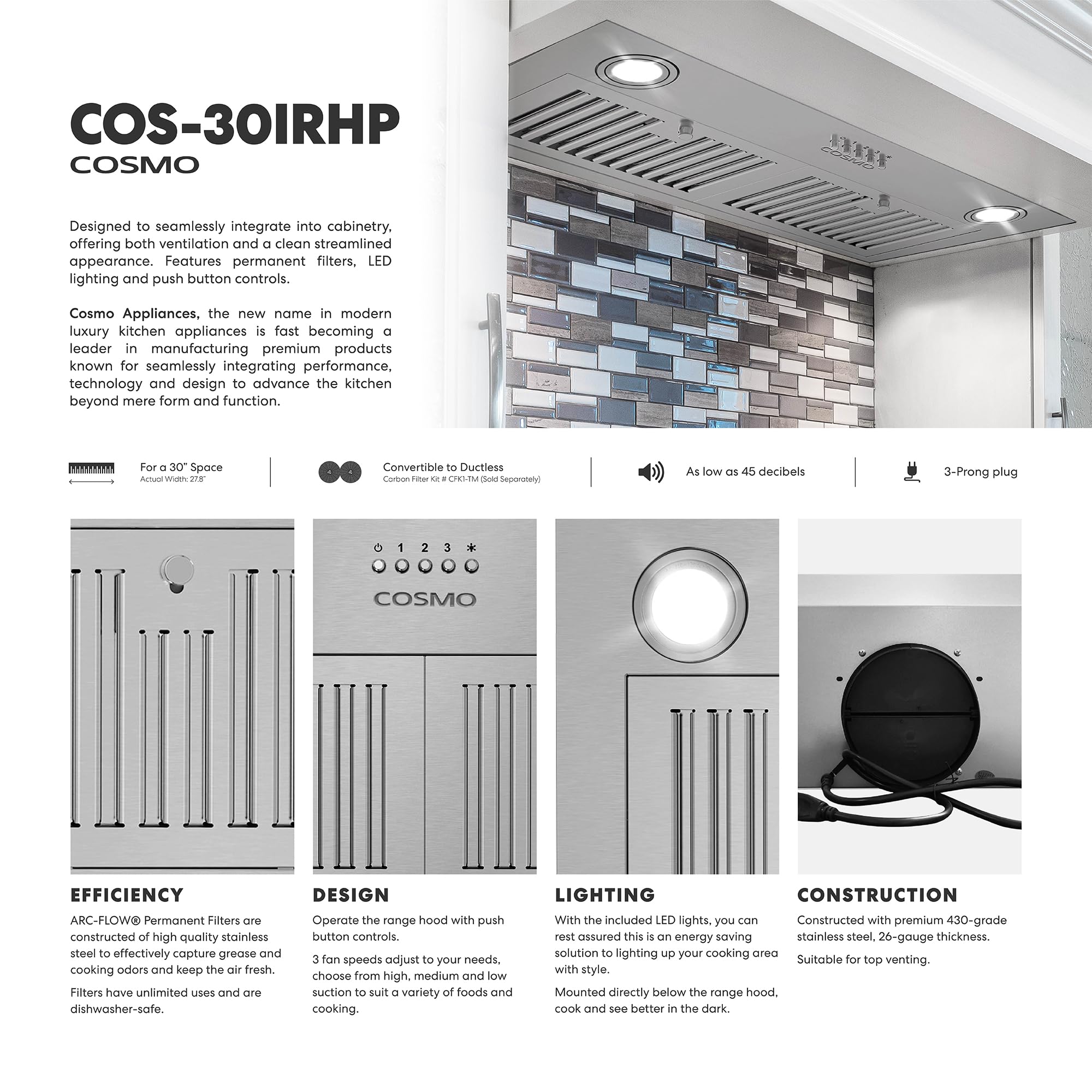COS-30IRHP 30 in. Lumin Collection 380 CFM Ducted Insert Range Hood, Button Controls, LED Lights, Stainless Steel