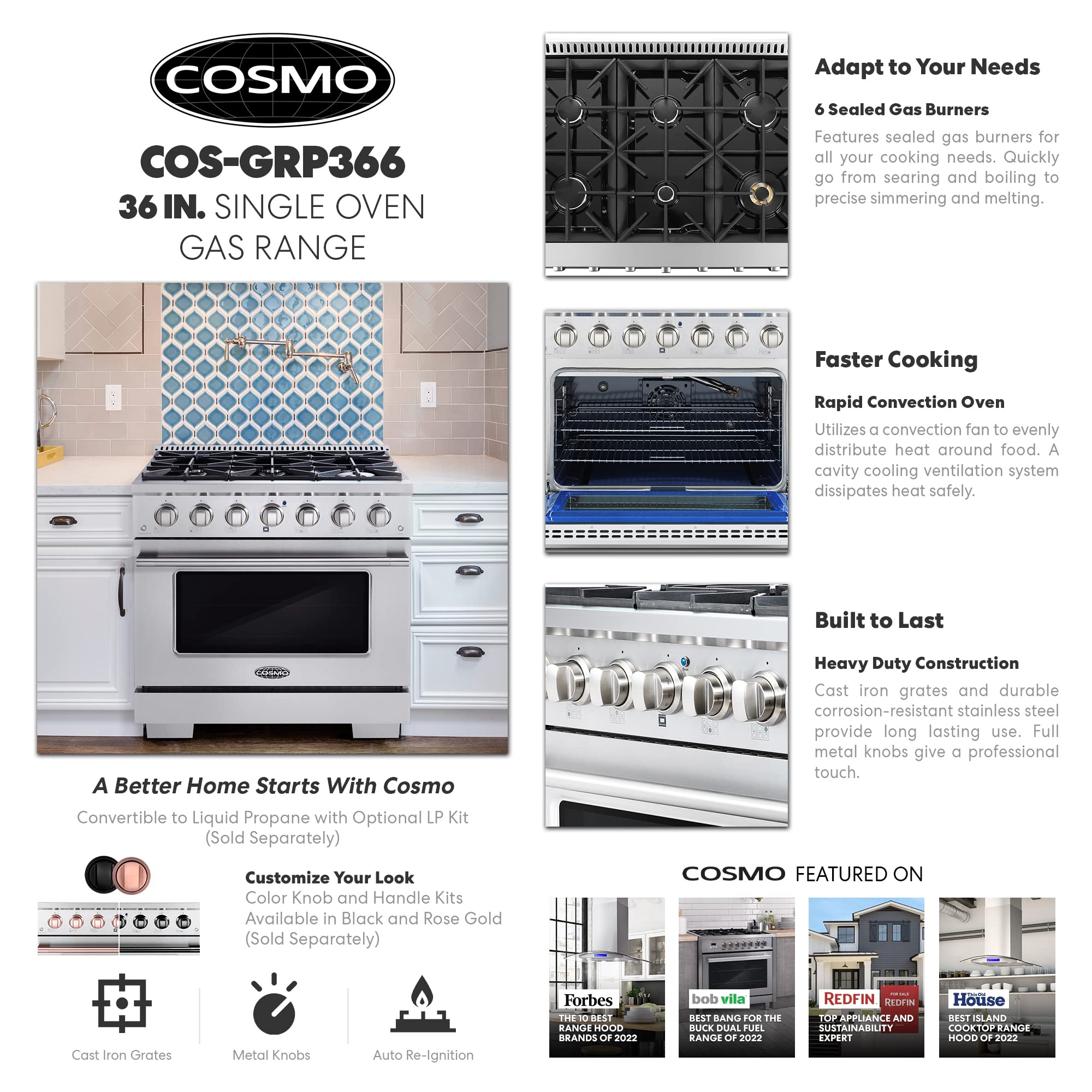 GRP366 36 in. Vista Collection 4.5 cu. ft. Gas Range, 6 Burners, Convection Oven, LED Light Panel in Modern Stainless Steel