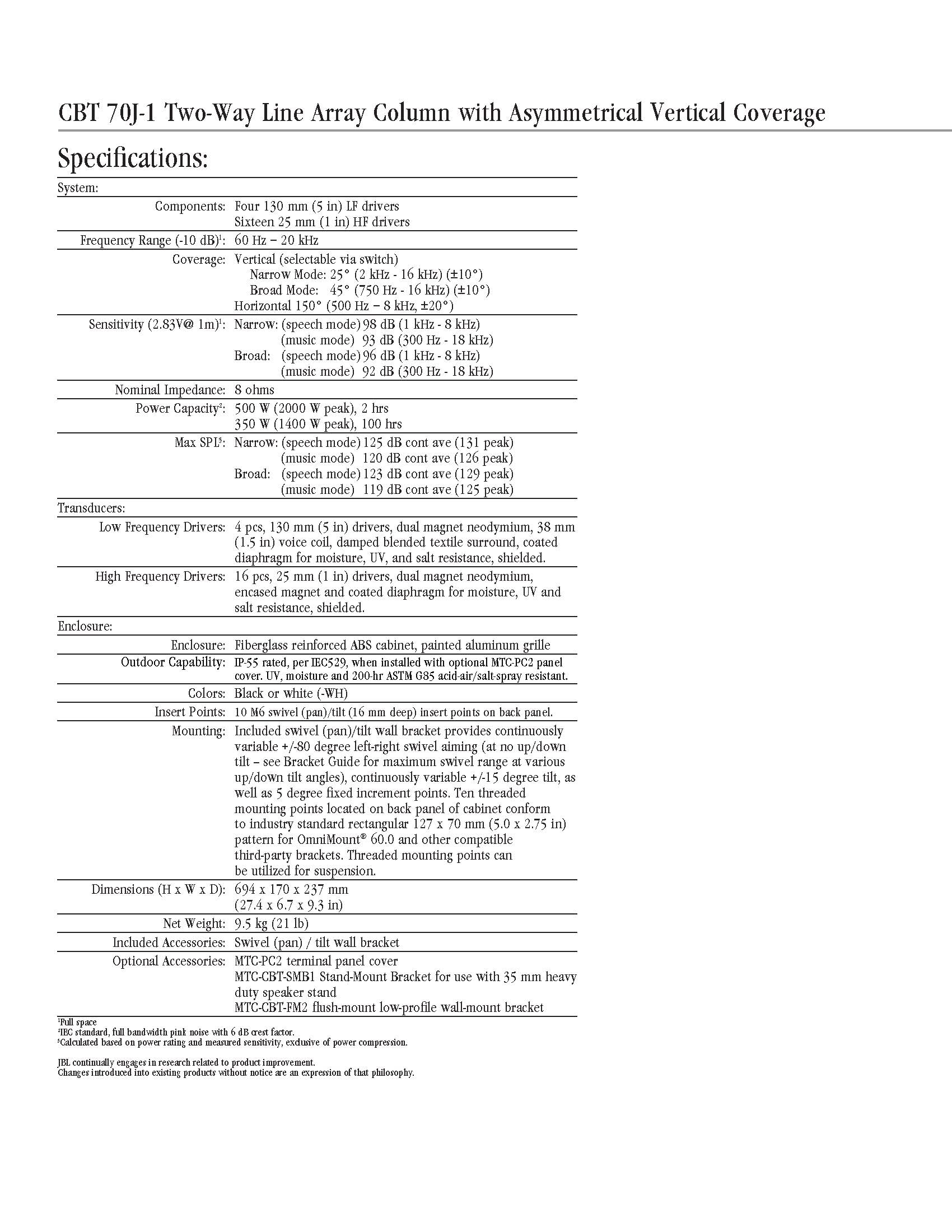 JBL CBT 100LA-1 Full Range Line Array Column Loudspeaker with 16 2-Inch Drivers