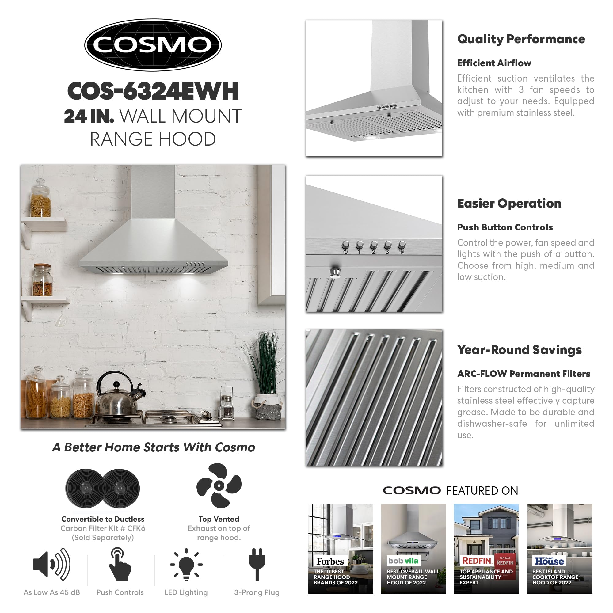 COS-6324EWH 24 in. Nebula Collection 220 CFM Ducted Wall Mount Range Hood, Button Controls, LED Lights, Stainless Steel