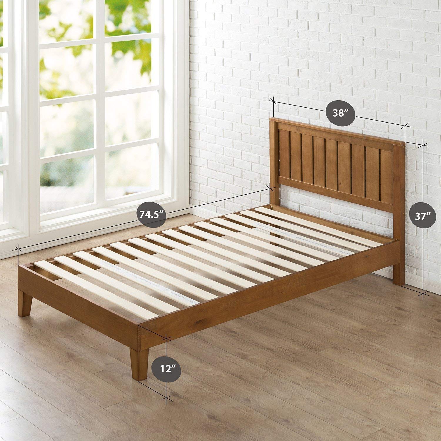 Twin Solid Wood Platform Bed w/ Headboard Brown