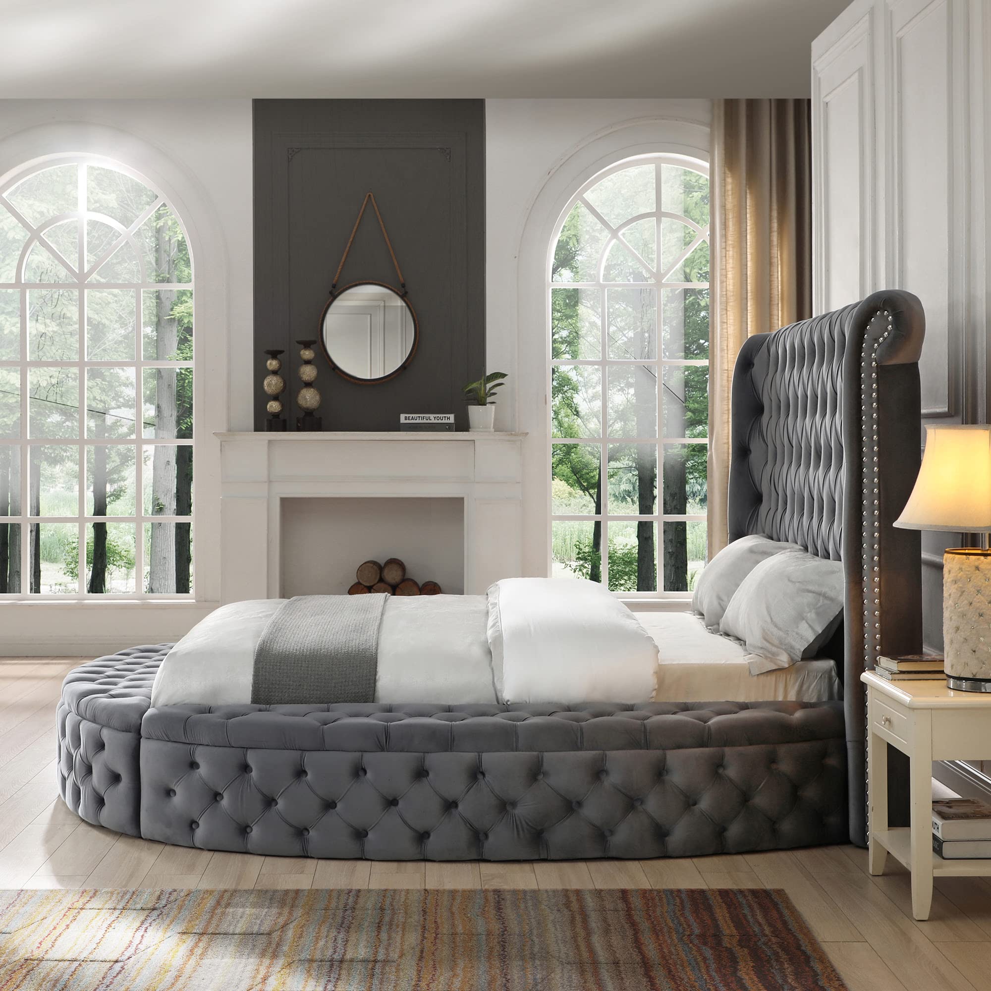 Elizabeth Upholstered Round Storage King Bed in Gray