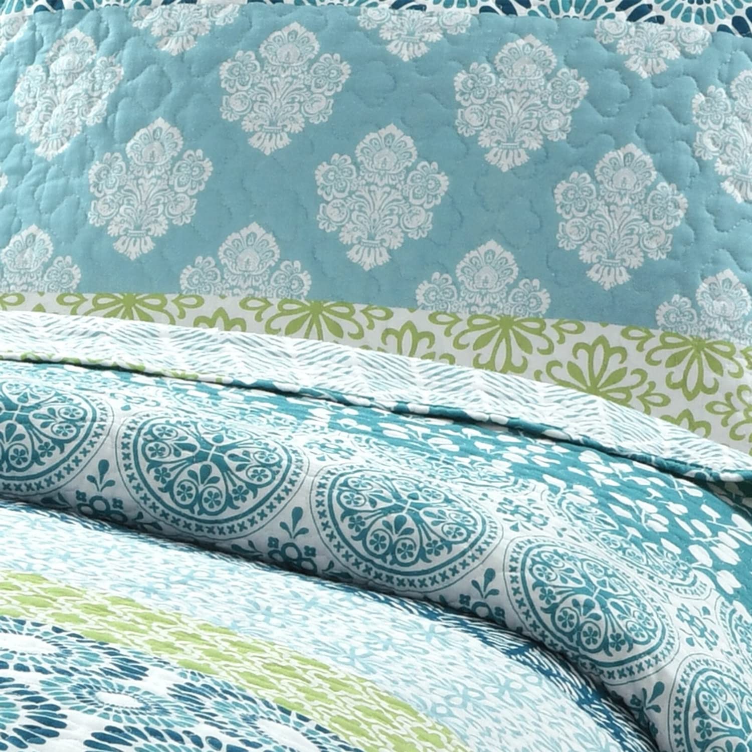 King Cotton Blue Green Floral Damask Quilt Set