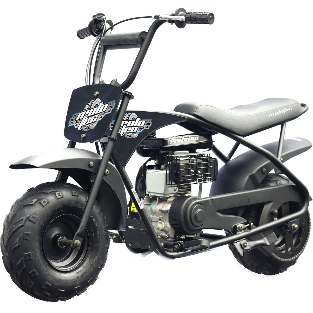 A compact black motorcycle with a distinctive large tire, emphasizing its sporty and robust appearance.