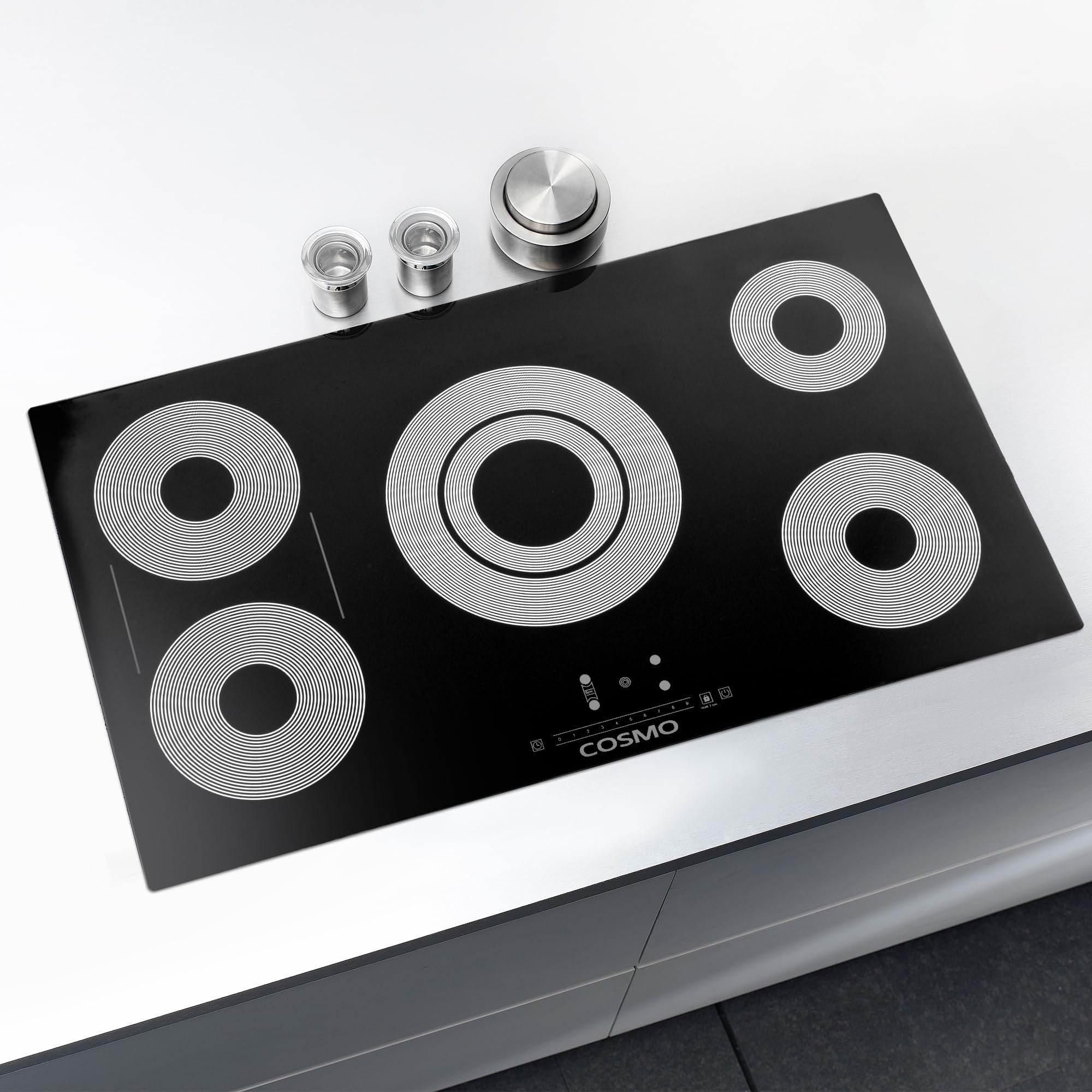 COS-365TBECC Electric Ceramic Glass Cooktop with 5 Burners, Dual Zone Element, Hot Surface Indicator Light and Control Knobs, 36 inch with Touch, Black