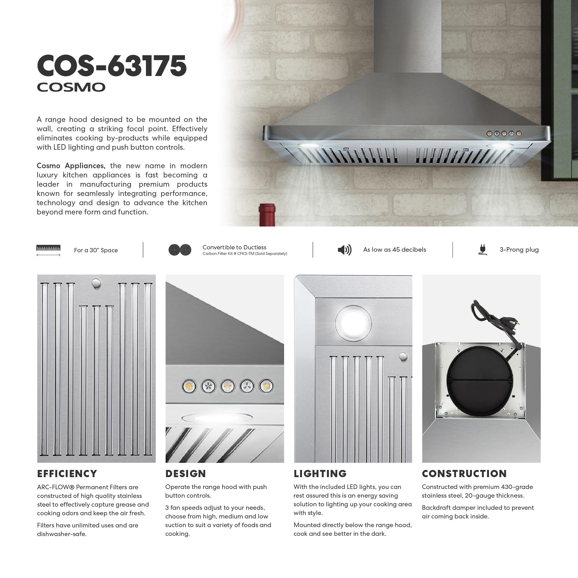 COS-63175 30 in. Vista Collection 380 CFM Ducted Wall Mount Range Hood, Button Controls, LED Lights, Stainless Steel