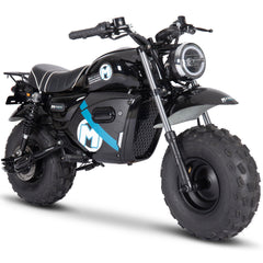  A black and blue dirt bike displayed against a clean white background.