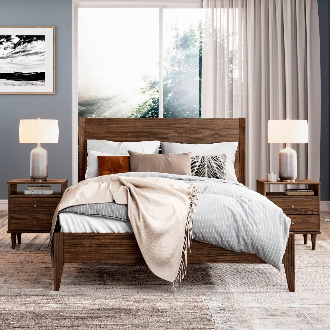 Queen Rustic Walnut Mid-Century Slatted Platform Bed
