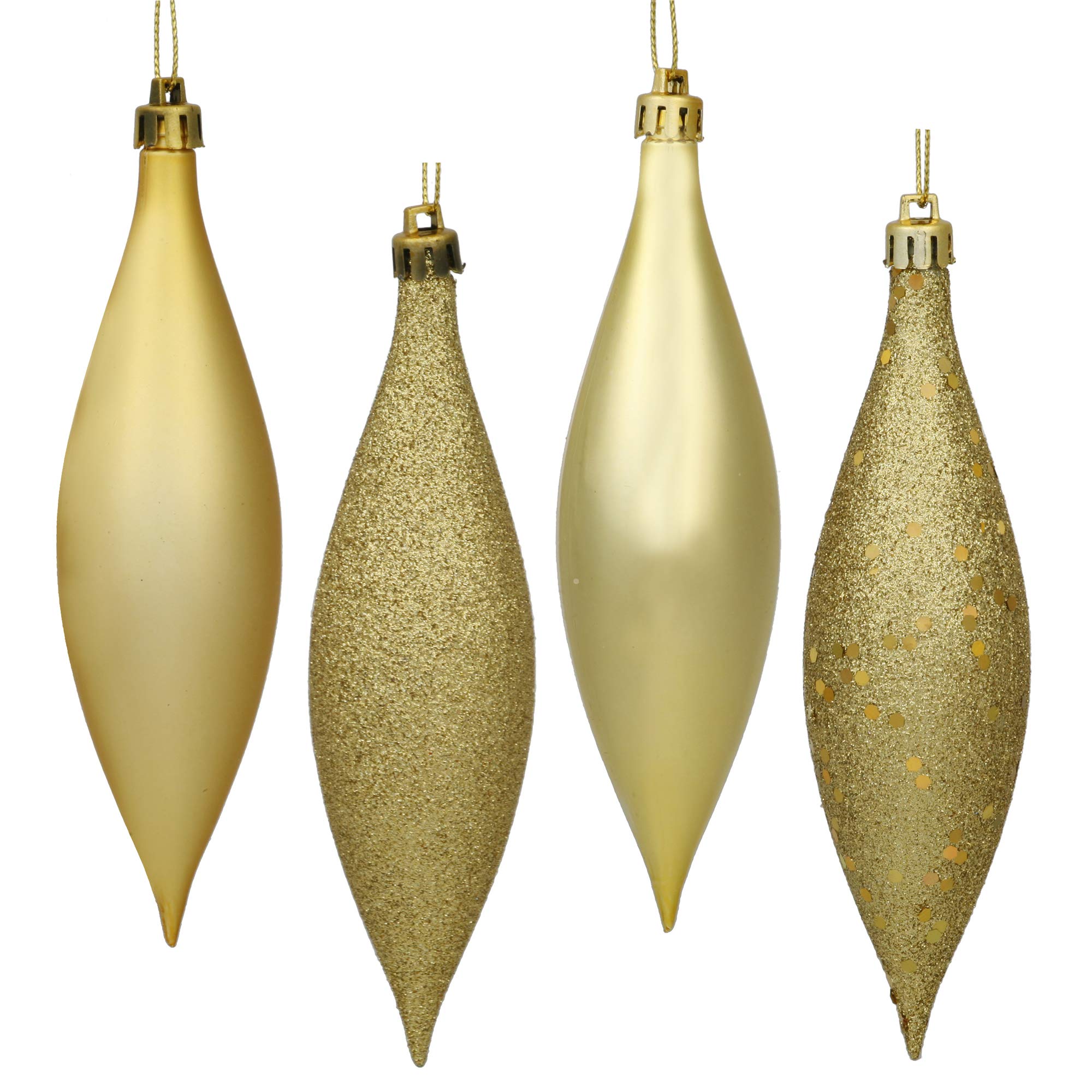 Gold 5.5 Inch 4-Finish Finial Ornament, Made of Shatterproof Plastic Christmas Tree Decoration, 8 Per Pack, Shiny, Matte, Glitter and Sequin Finishes