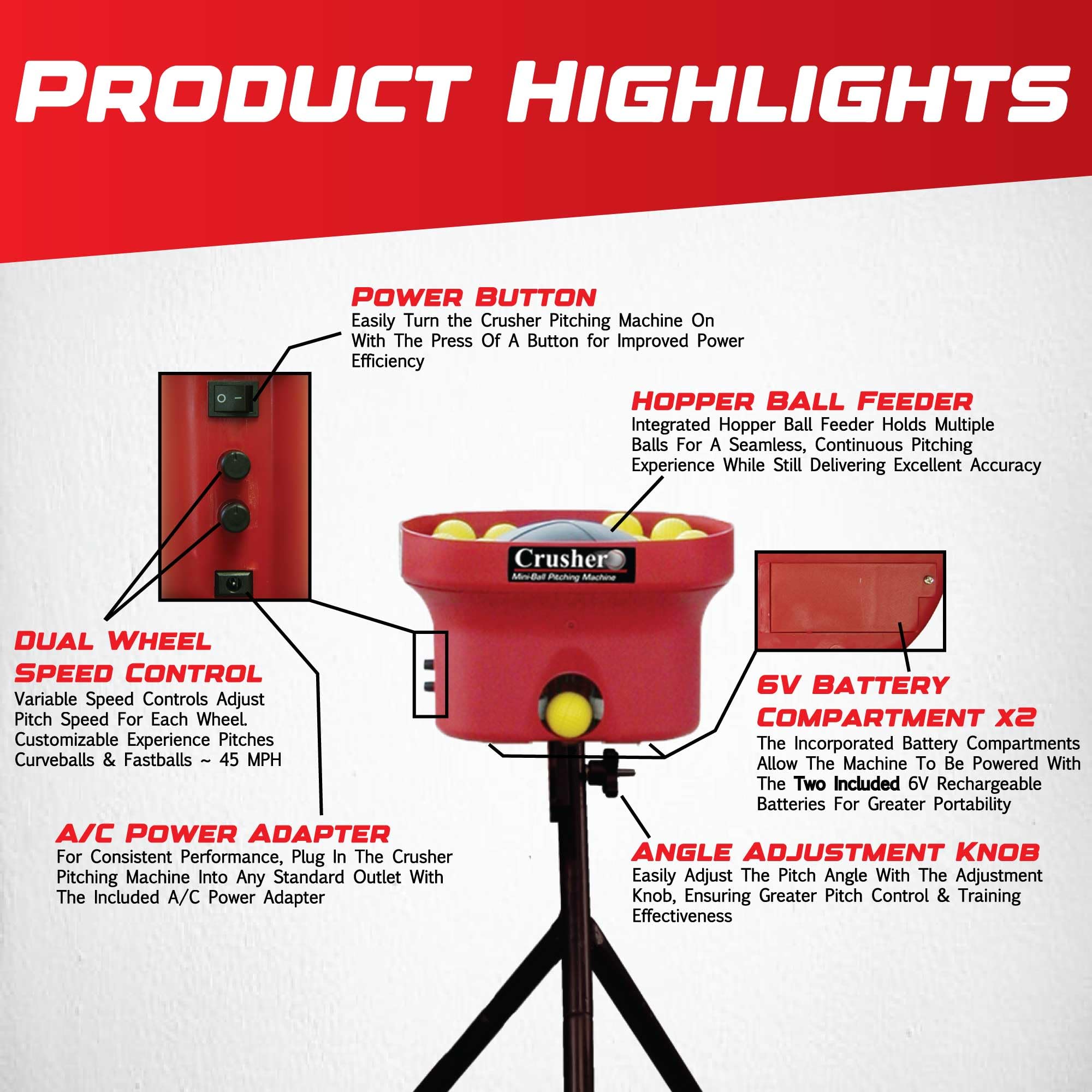 Heater Crusher Pitching Machine W/ 8-Hour Rechargeable Battery ?Accurate & Portable, Delivers Fastballs & Curveballs | Adjustable, High Performance, Portable, Ideal for Baseball & Softball Training