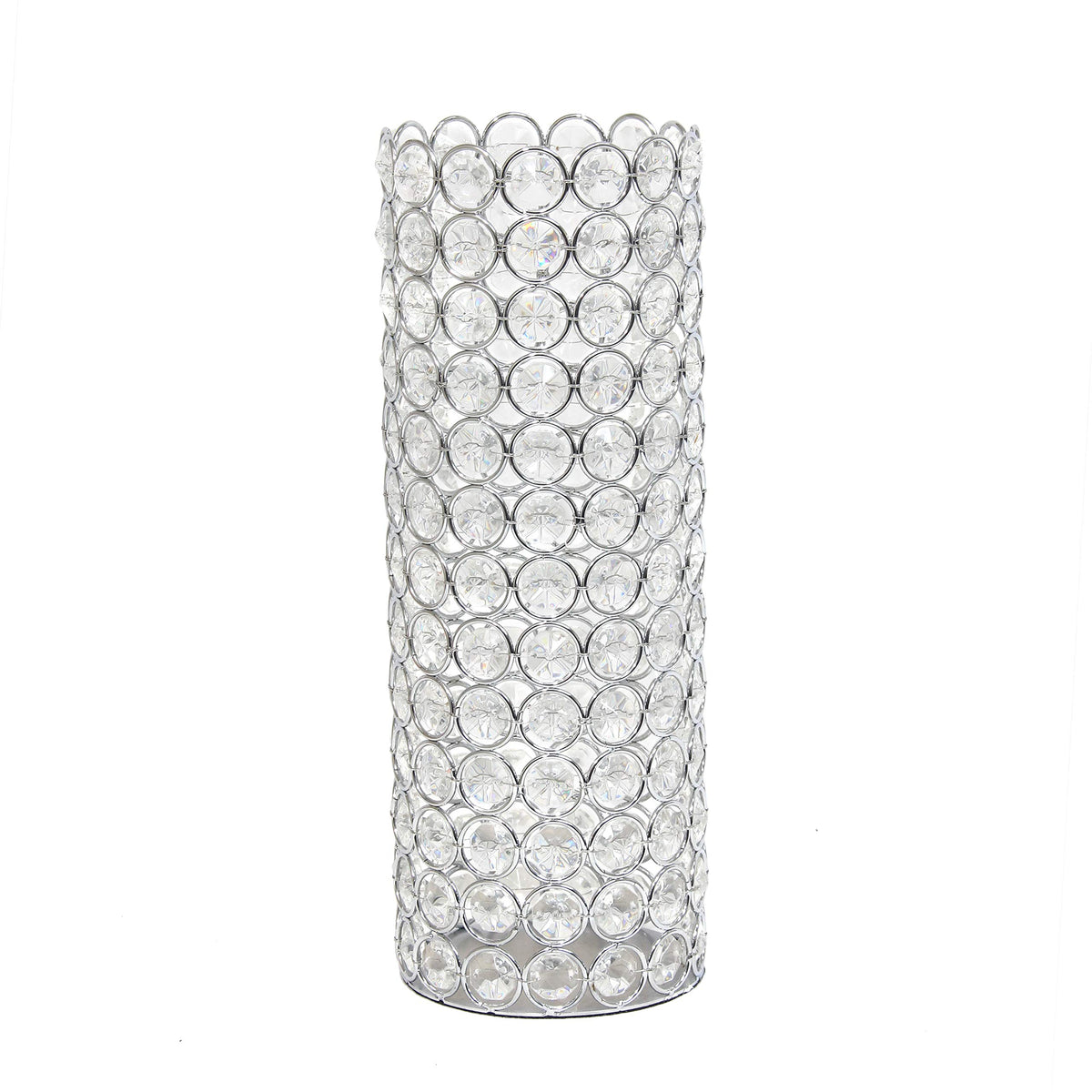 HG1009-CHR Elipse Cylindrical Crystal Decorative Flower Vase, Candle Holder, Wedding Centerpiece, 11.25 Inch, Chrome