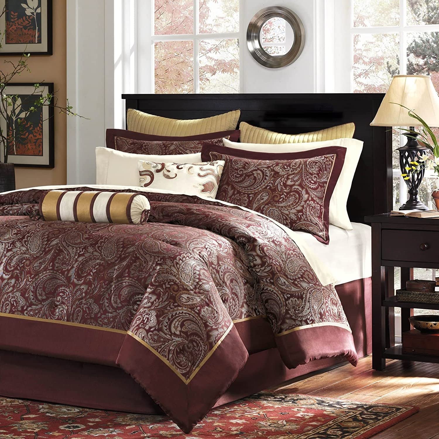Fast Furnishings King 12Pc Red Gold Paisley Comforter