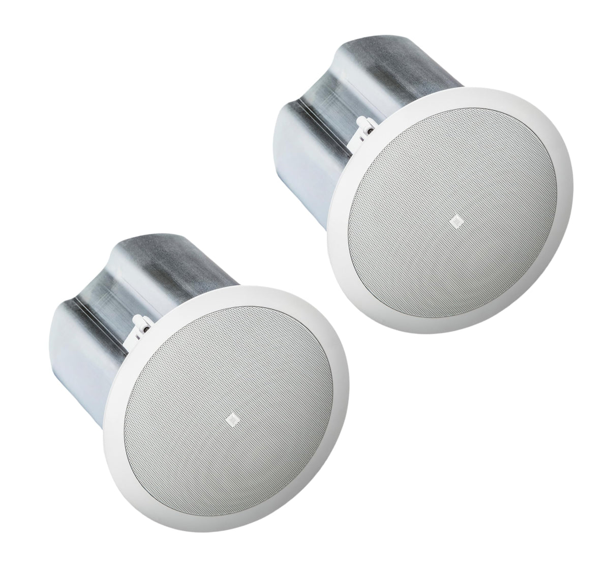 A pair of white speakers set on a white backdrop.