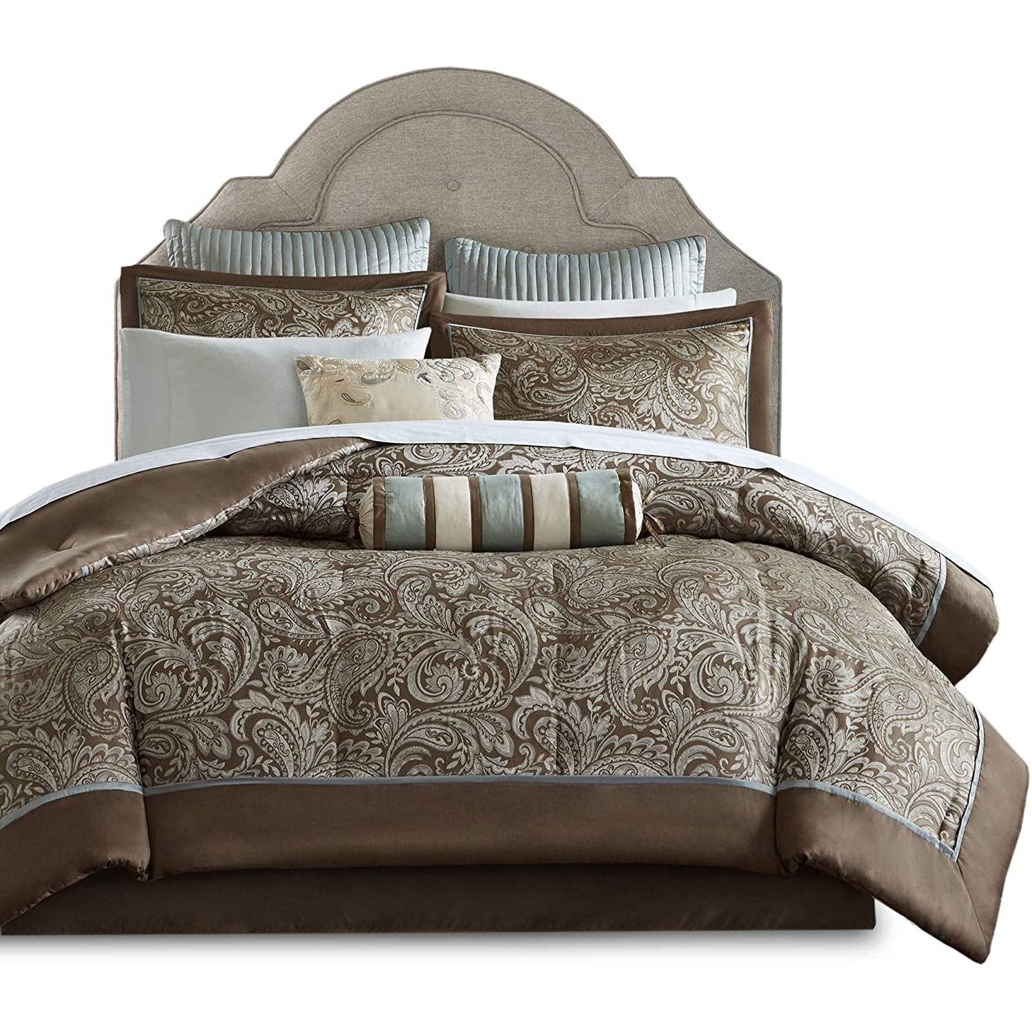 Elegant comforter set adorned with a brown and blue paisley design, perfect for enhancing bedroom aesthetics.