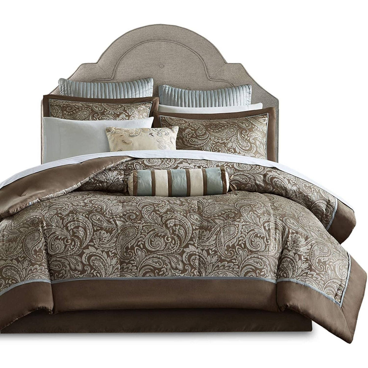 Elegant comforter set adorned with a brown and blue paisley design, perfect for enhancing bedroom aesthetics.