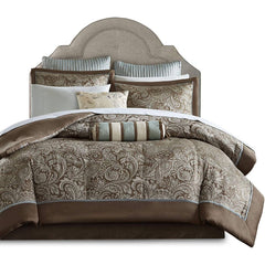 Elegant comforter set adorned with a brown and blue paisley design, perfect for enhancing bedroom aesthetics.