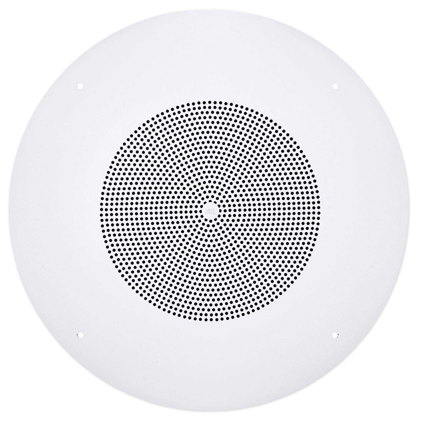 A circular white speaker with perforations on the front for audio projection.