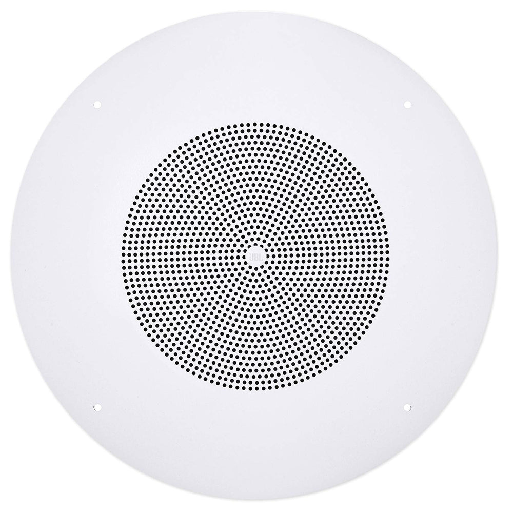 A circular white speaker with perforations on the front for audio projection.