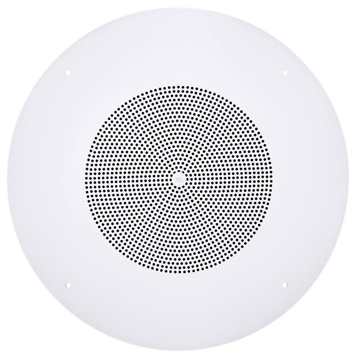 A circular white speaker with perforations on the front for audio projection.