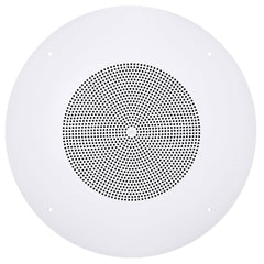 A circular white speaker with perforations on the front for audio projection.